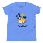 A light blue short-sleeve t-shirt with a graphic print of a bowl of cheese macaroni topped with a gold crown, accompanied by the text 'Queen of Mac 'n Cheese!'. The inner collar label shows the brand 'The Frenchy Shop'.