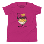 A bright pink short-sleeve t-shirt with a graphic print of a bowl of mac and cheese topped with a gold crown and the text 'Queen of Mac 'n Cheese!'.
