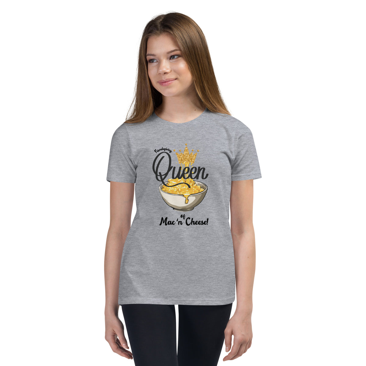 Person wearing a gray t-shirt with 'Queen of Mac n Cheese' graphic design.