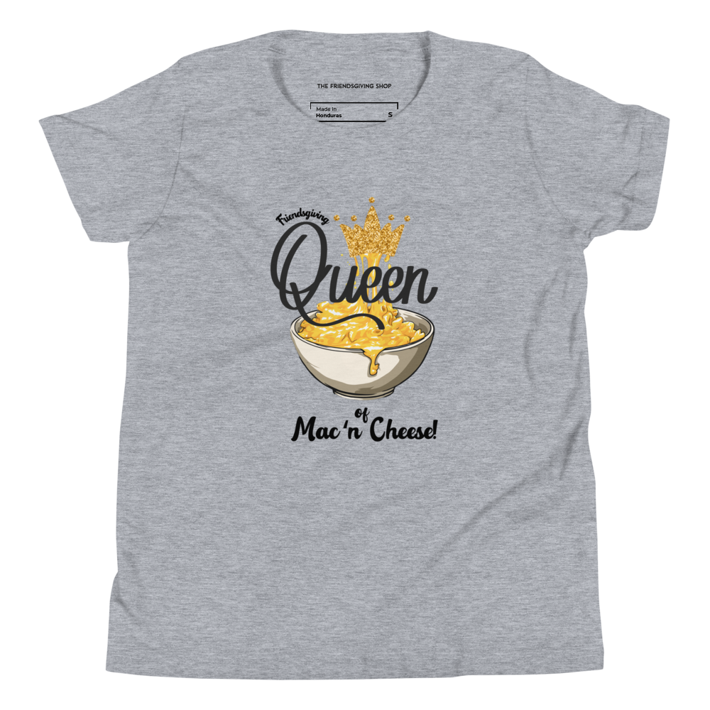 A heather gray short-sleeve t-shirt with a graphic print of a bowl of mac and cheese topped with a gold crown, accompanied by the text 'Queen of Mac'n Cheese!'.