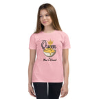 Girl wearing a pink t-shirt with 'Queen of Mac n Cheese' design on a white background