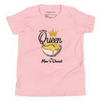 A light pink short-sleeve crewneck t-shirt featuring a graphic print of a bowl of cheese macaroni with a gold crown and the text 'Queen of Mac 'n Cheese!'. The inner collar label shows the brand 'The Frienddsgiving Shop'.
