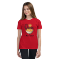 A young woman modeling a bright red short-sleeve t-shirt with a graphic print of a cheese crown and the text 'Queen of Mac 'n' Cheese'.