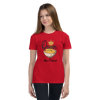 A young woman modeling a bright red short-sleeve t-shirt with a graphic print of a cheese crown and the text 'Queen of Mac 'n' Cheese'.