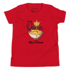 A red short-sleeve t-shirt with a graphic print of a bowl of macaroni cheese topped with a gold crown and the text 'Queen of Mac'n Cheese!'.