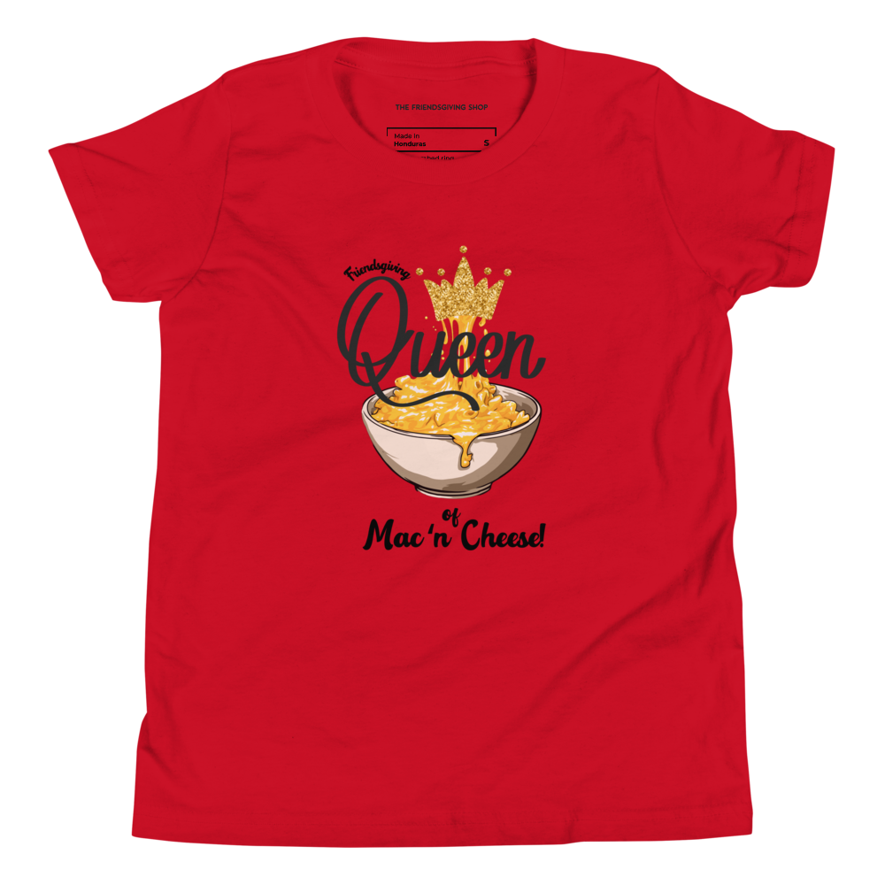 A red short-sleeve t-shirt with a graphic print of a bowl of macaroni cheese topped with a gold crown and the text 'Queen of Mac'n Cheese!'.