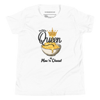A white short-sleeve crewneck t-shirt featuring a graphic print of a bowl of mac and cheese topped with a gold crown, with the text 'Queen of Mac'n Cheese!' printed on the front.