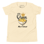 A light yellow-colored short-sleeve t-shirt with a graphic print of a bowl of mac and cheese topped with a gold crown, accompanied by the text 'Queen of Mac 'n Cheese!'. The inner collar label shows the brand 'The Friendsgiving Shop'.