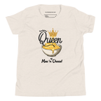 A heather dust t-shirt with a graphic print of a bowl of mac and cheese topped with a gold crown, featuring the text 'Queen of Mac'n Cheese!'. The inner collar label shows the brand 'The Friendsgiving Shop'.