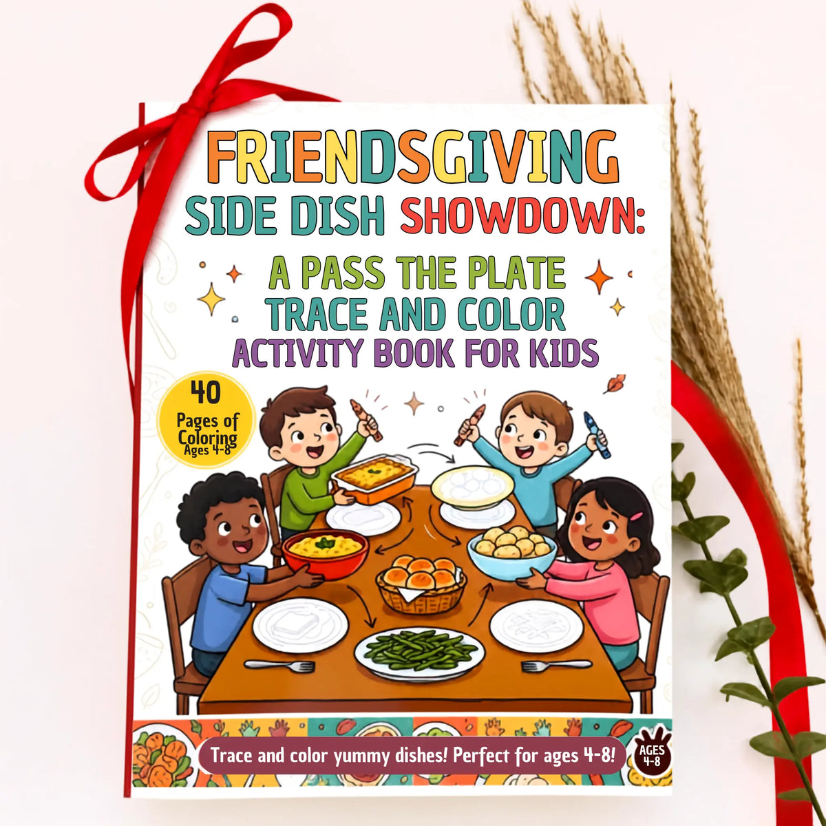 A children's activity book titled "Friendsgiving Side Dish Showdown: A Pass the Plate Trace and Color Activity Book for Kids" shown standing upright with a red ribbon tied around the top. The cover features colorful text, cartoon children dining together, and a yellow badge that says "40 Pages of Coloring for Ages 4+.