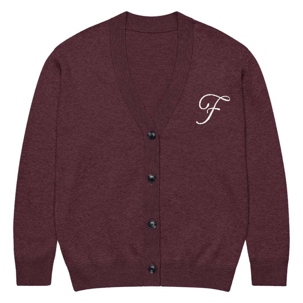 A heathered burgundy cardigan sweater with a white embroidered script letter 'F'  for Friendsgiving University on the left chest, featuring a button-up front.