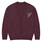 A heathered burgundy cardigan sweater with a white embroidered script letter 'F'  for Friendsgiving University on the left chest, featuring a button-up front.