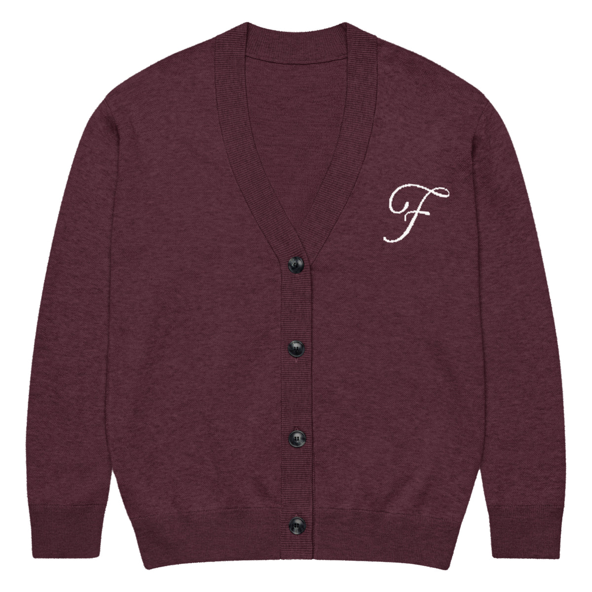 A heathered burgundy cardigan sweater with a white embroidered script letter 'F'  for Friendsgiving University on the left chest, featuring a button-up front.