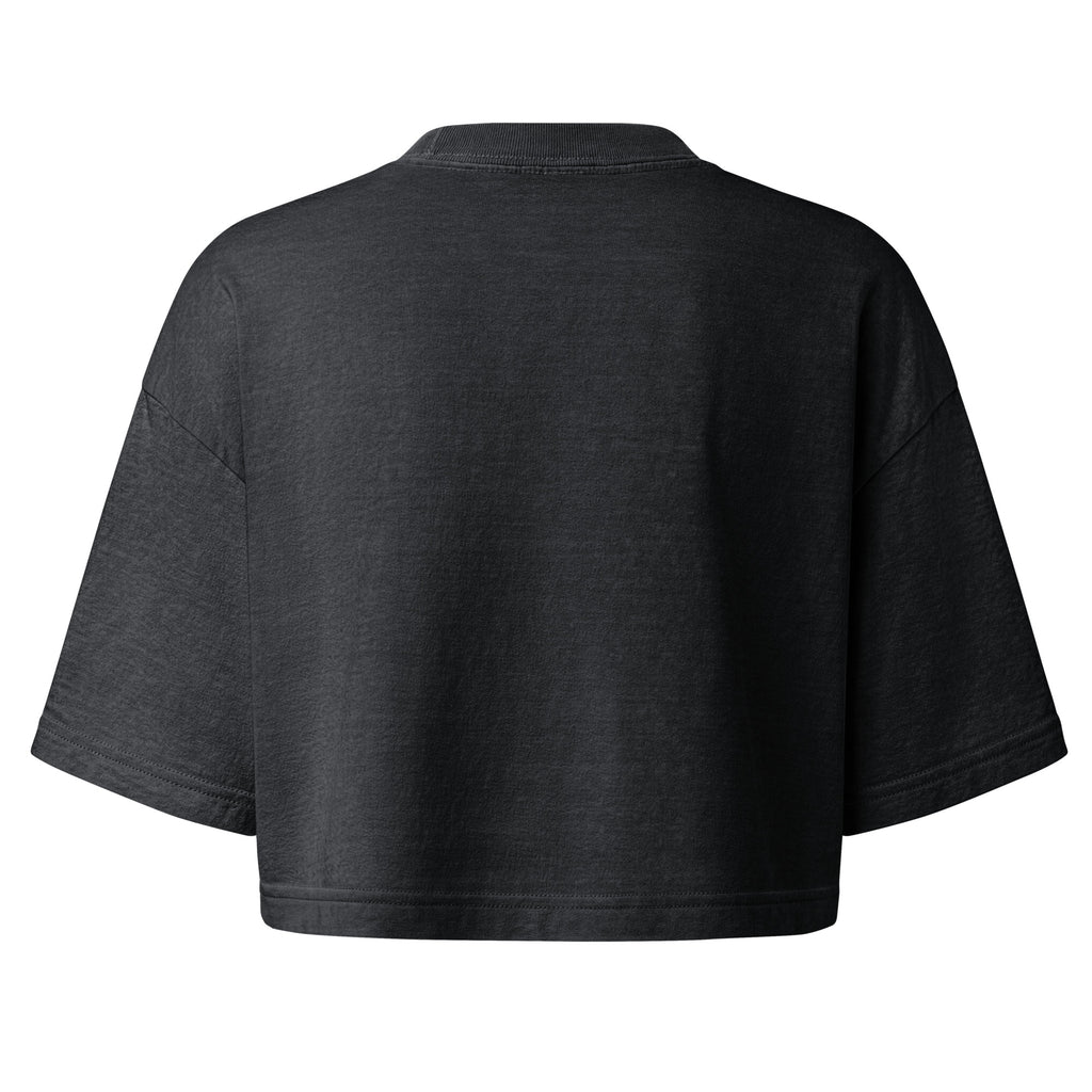 A dark charcoal gray cropped short-sleeve t-shirt shown from the back, photographed against a solid white background.