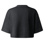 A dark charcoal gray cropped short-sleeve t-shirt shown from the back, photographed against a solid white background.
