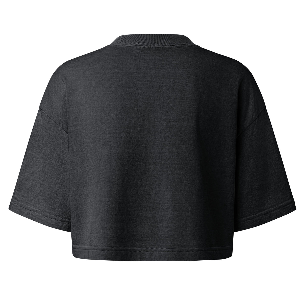 A dark charcoal gray cropped short-sleeve t-shirt shown from the back, photographed against a solid white background.