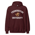 A maroon pullover hoodie with a front kangaroo pocket and a graphic on the chest that reads 'FRIENDSGIVING UNIVERSITY' in white arched text, with a cartoon squirrel in the center.