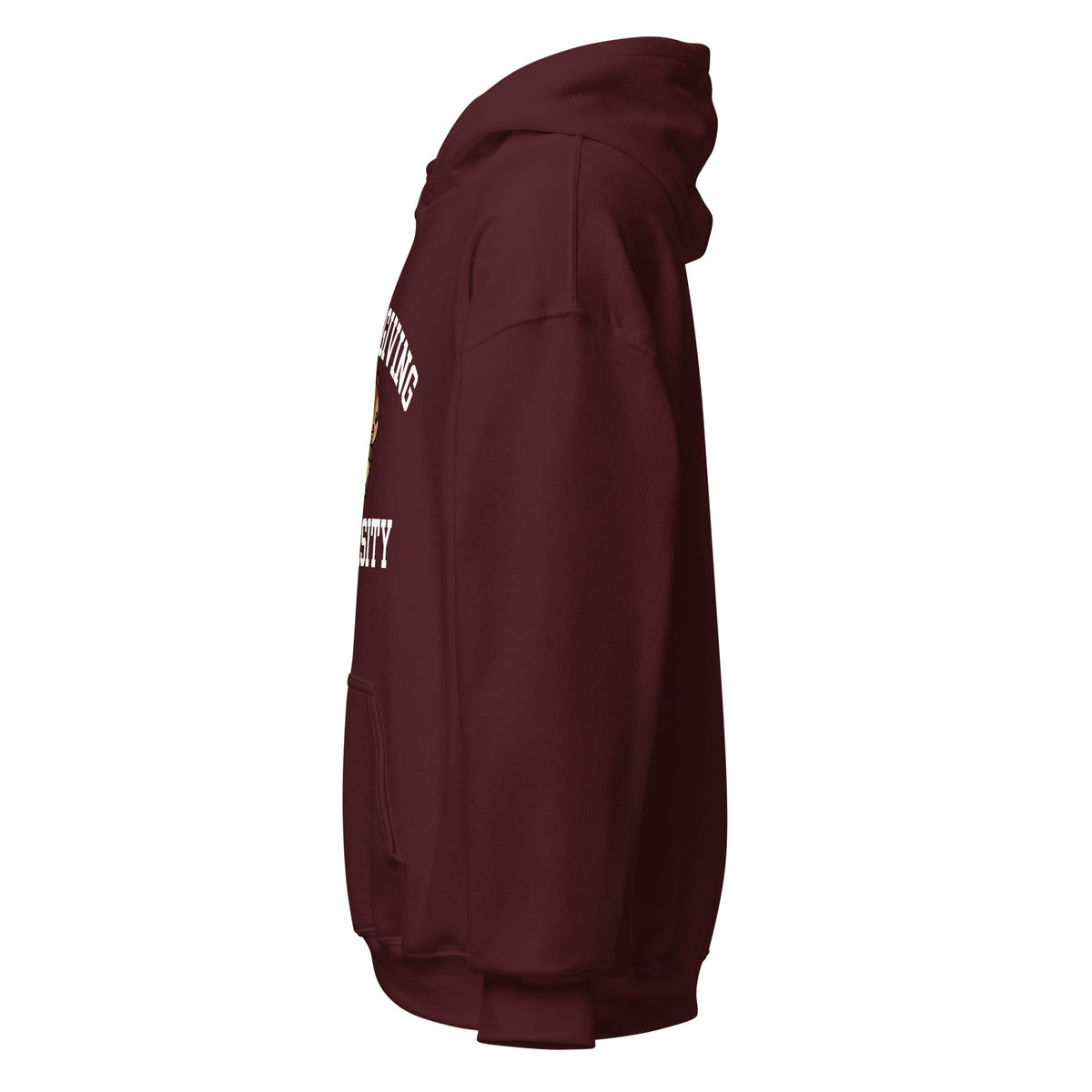 Black hoodie with a small white logo on the chest against a white background