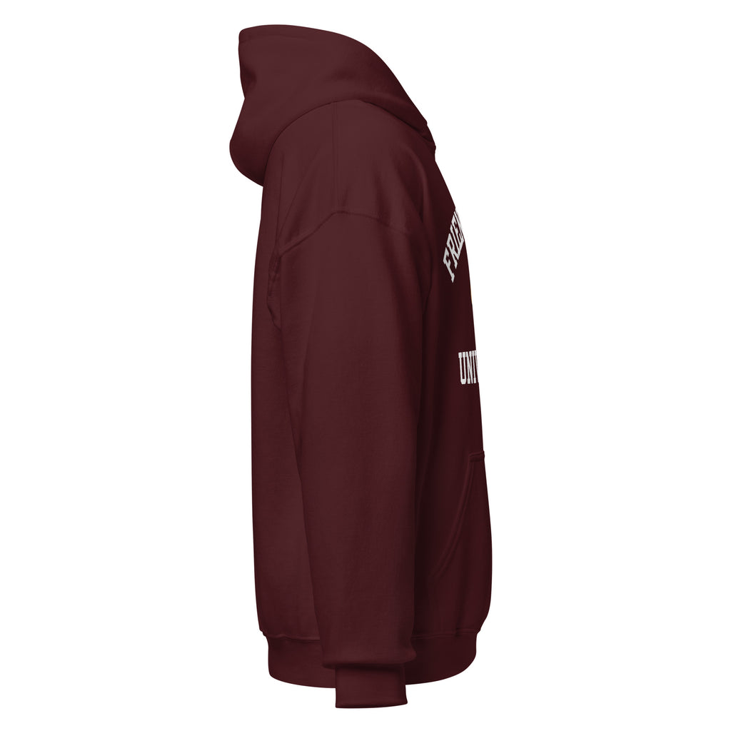 Maroon hoodie with a red logo on the sleeve against a white background