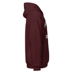 Maroon hoodie with a red logo on the sleeve against a white background