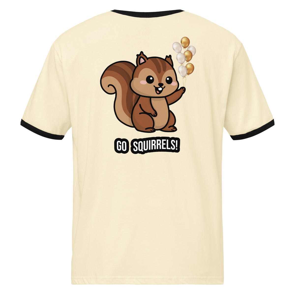 Beige t-shirt with a cartoon squirrel and 'GO Squirrels!' text on a white background