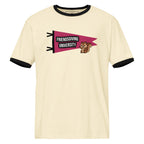 An off-white ringer t-shirt with black trim on the collar and sleeve cuffs, featuring a graphic of a pink pennant flag that reads 'FRIENDSGIVING UNIVERSITY' next to a mascot brown squirrel.