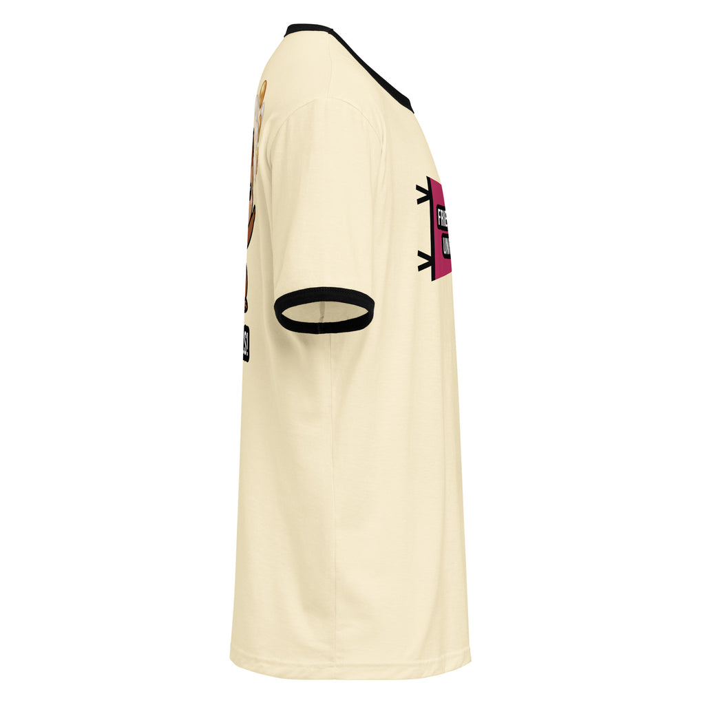 A cream-colored ringer t-shirt shown from the side, featuring black ribbed trim on the collar and sleeve cuffs, with a graphic print on the sleeve and chest.