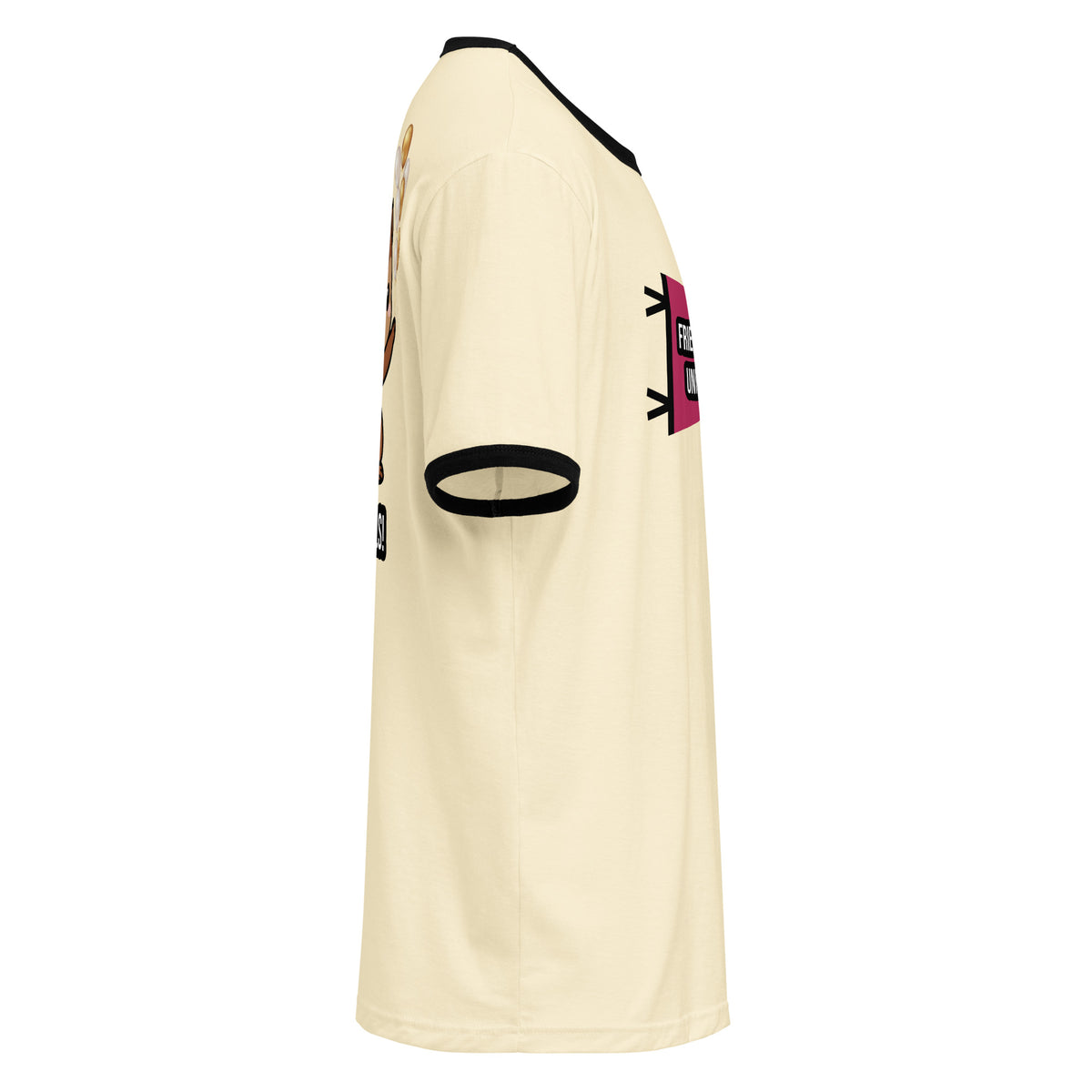 A cream-colored ringer t-shirt shown from the side, featuring black ribbed trim on the collar and sleeve cuffs, with a graphic print on the sleeve and chest.