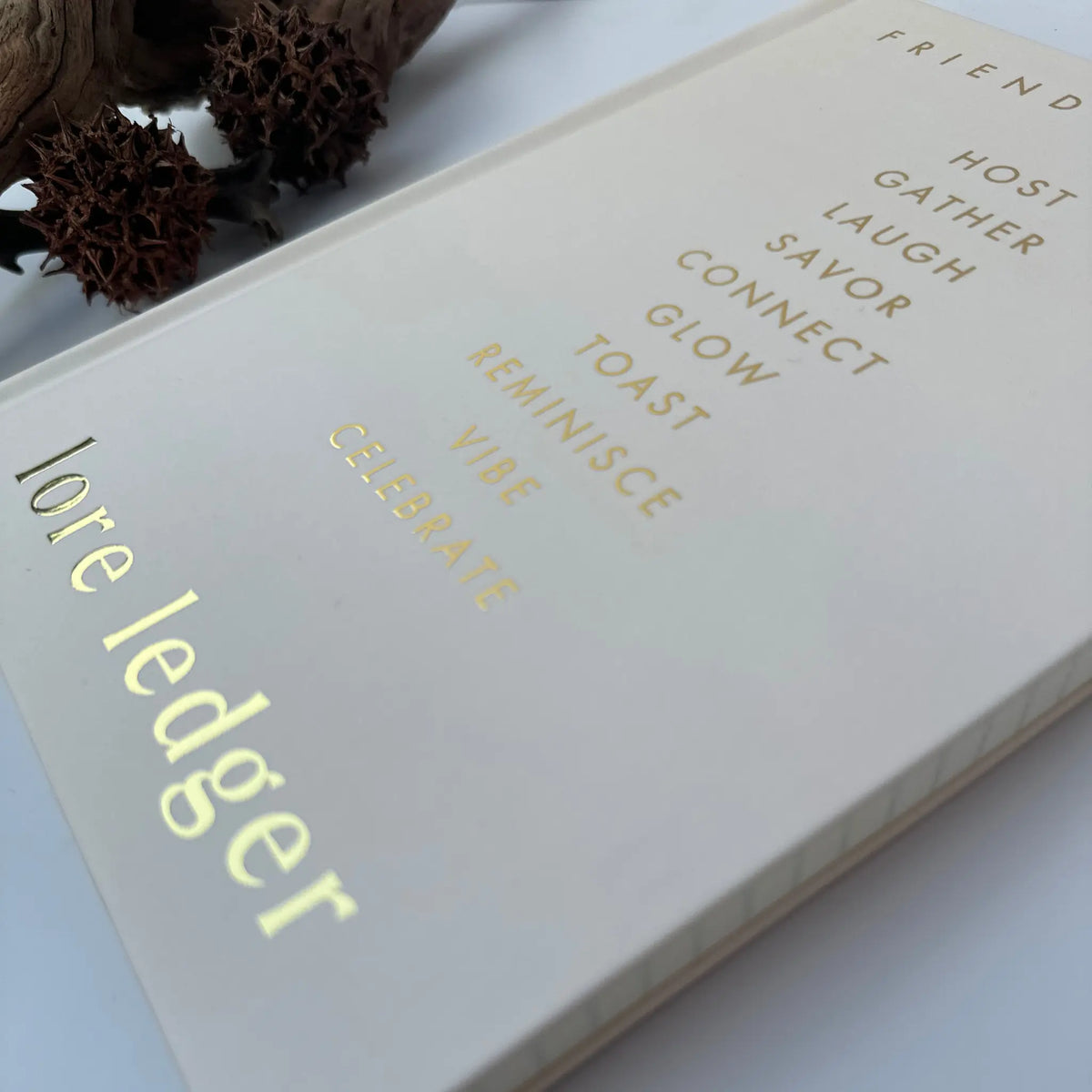 A close-up of a cream-colored hardcover journal or book cover with gold foil text. The visible text includes 'FRIEND' at the top right and 'lore ledger' running diagonally on the bottom left.