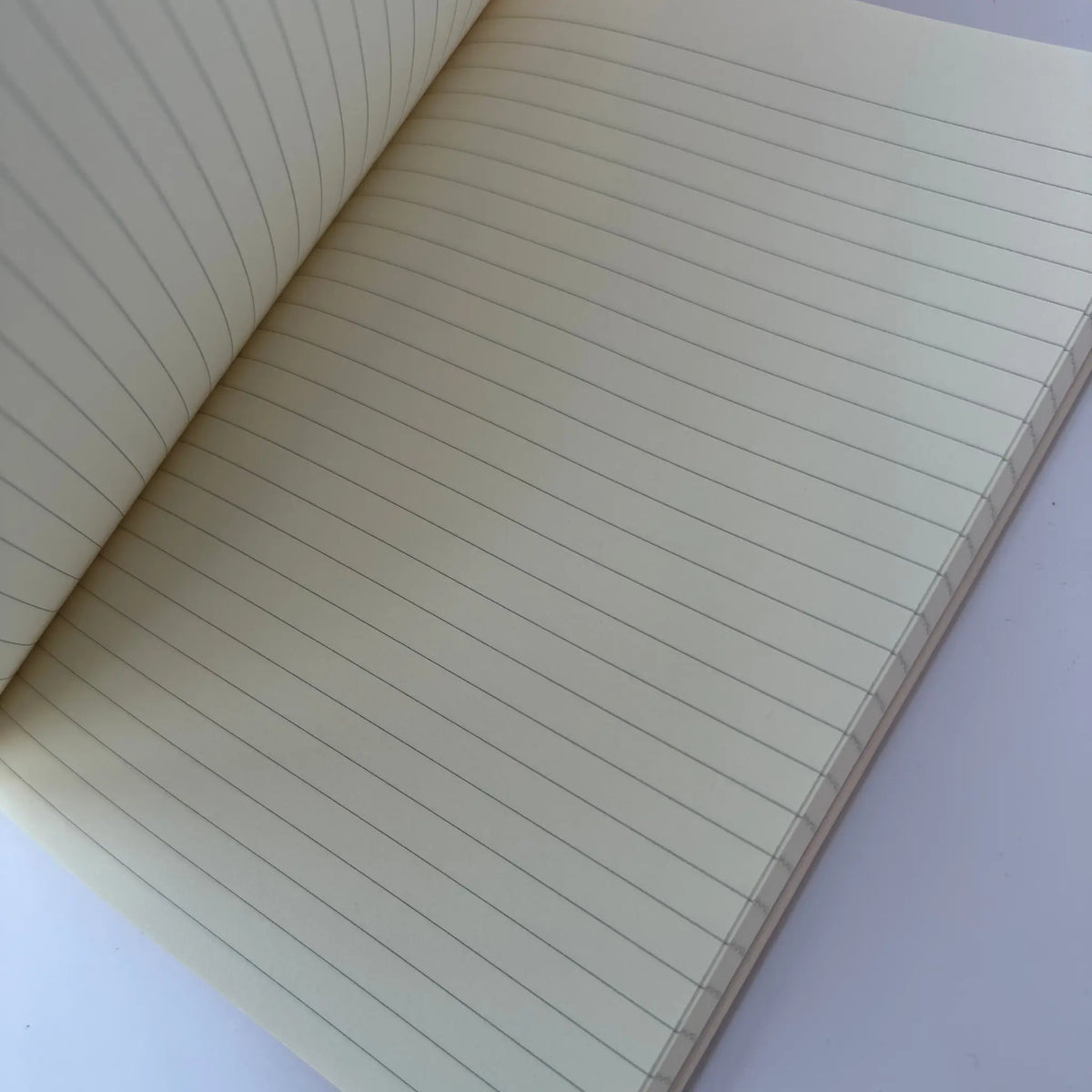 An open notebook with cream-colored, lined pages showing fine horizontal ruling on a light background.