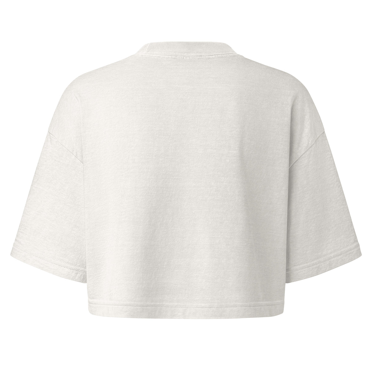 A cropped short-sleeve t-shirt shown from the back, in a light off-white or cream color, displayed on a solid white background.