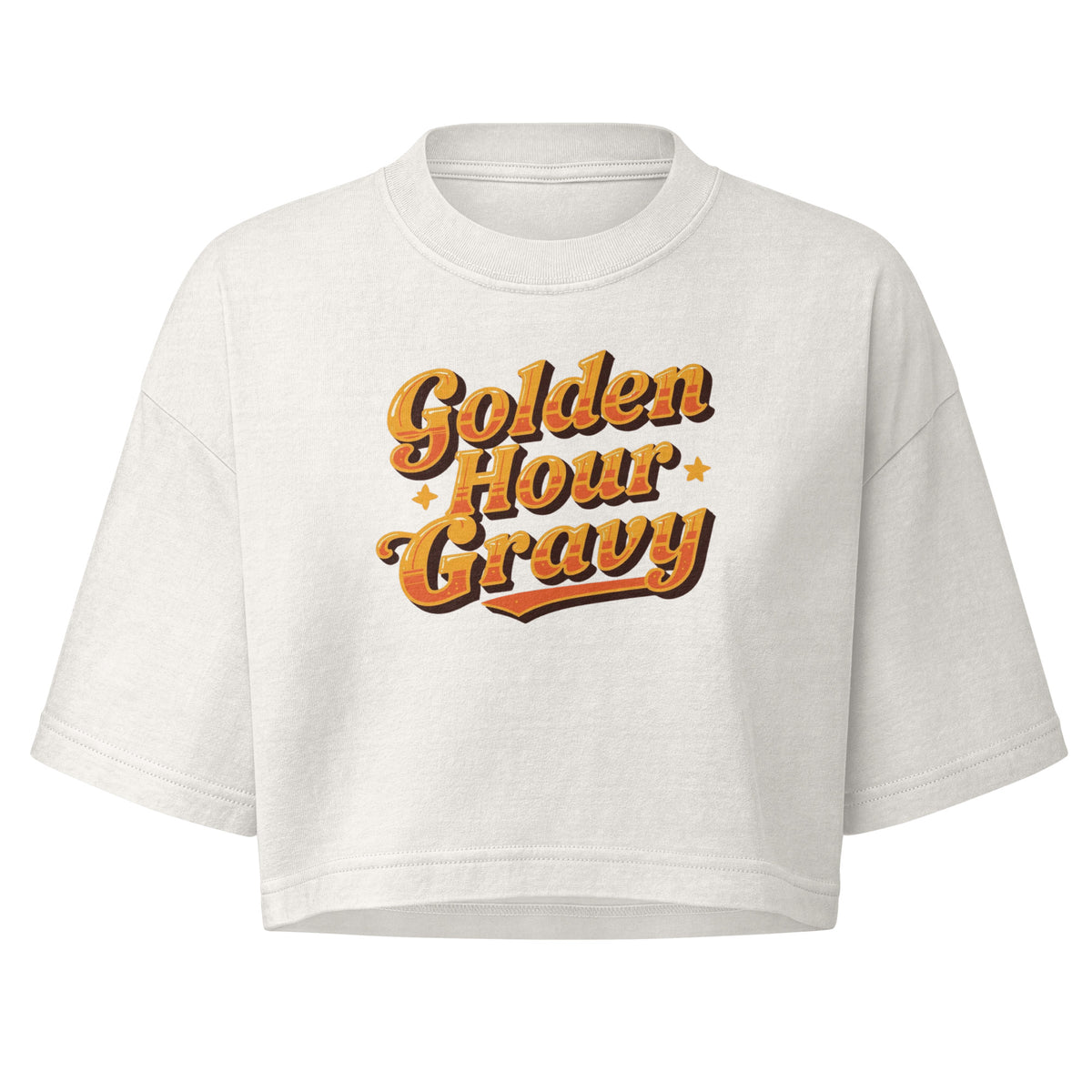 A white cropped t-shirt with a retro-style orange and yellow graphic reading 'Golden Hour Gravy' on the chest, displayed against a solid white background.