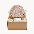 Terracotta bread warmer in a box with decorative elements