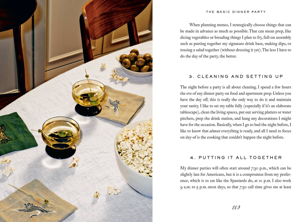 Table setting with drinks and snacks, accompanied by a text page on planning a dinner party.
