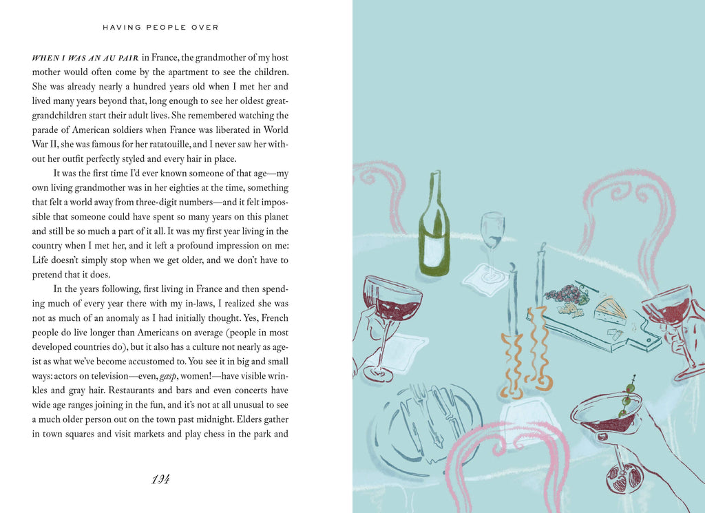 Book page with text and illustrations of a dinner party scene on a light blue background