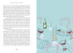 Book page with text and illustrations of a dinner party scene on a light blue background