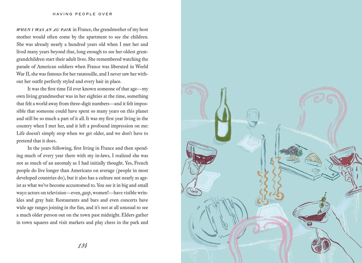 Book page with text and illustrations of a dinner party scene on a light blue background