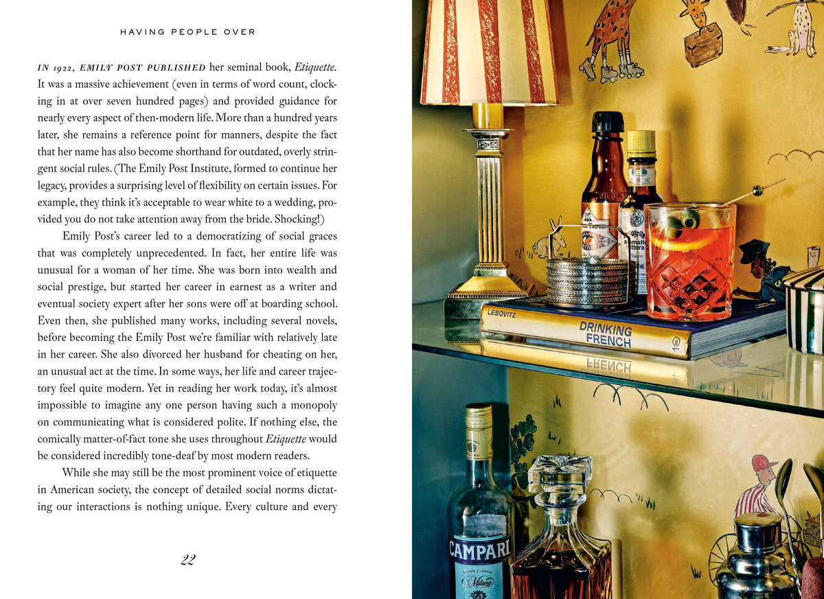 Page from a book with text and images of drinks and bottles on a shelf.
