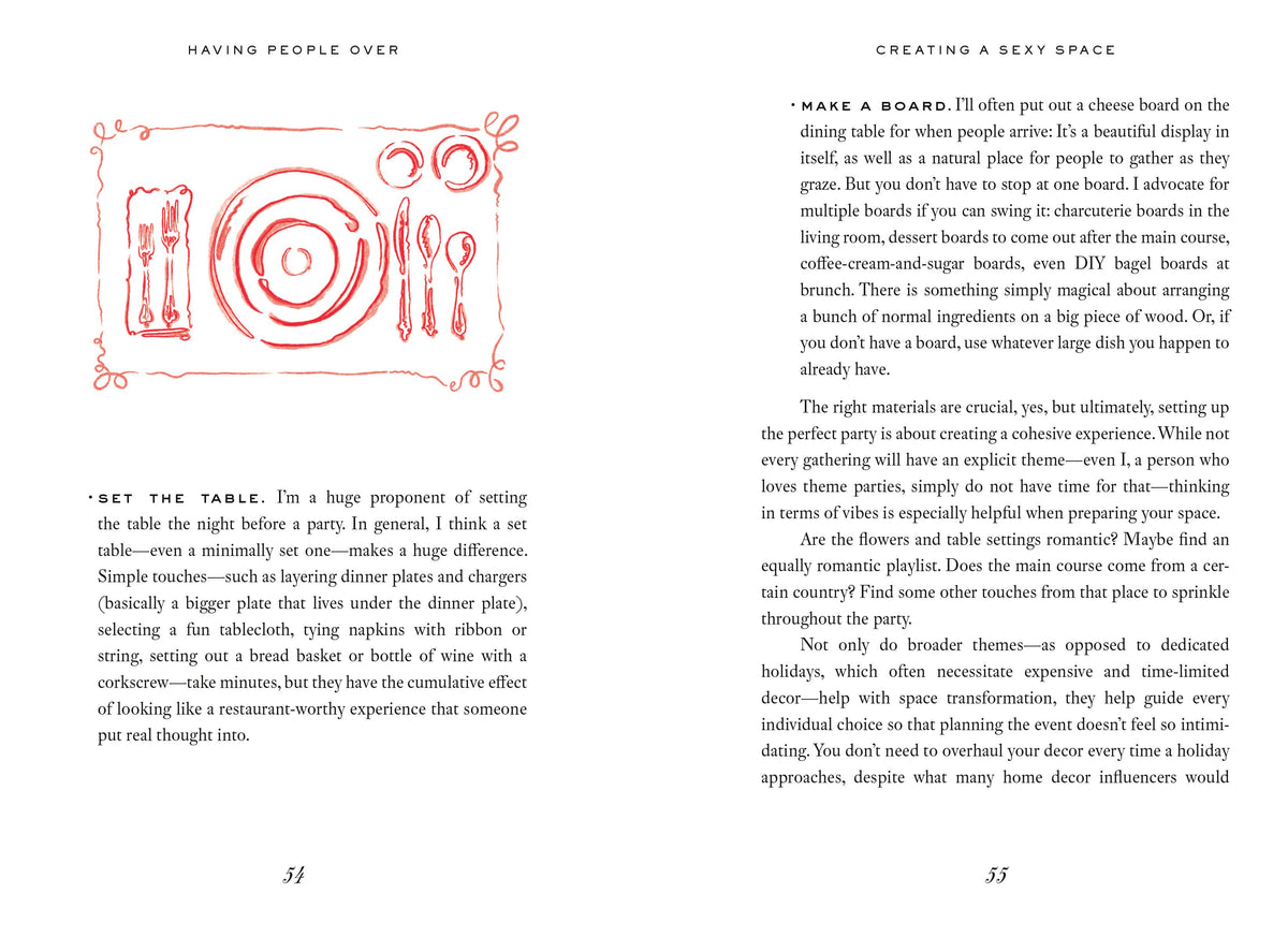 Page from a book with text and illustrations on setting the table and creating a sexy space.