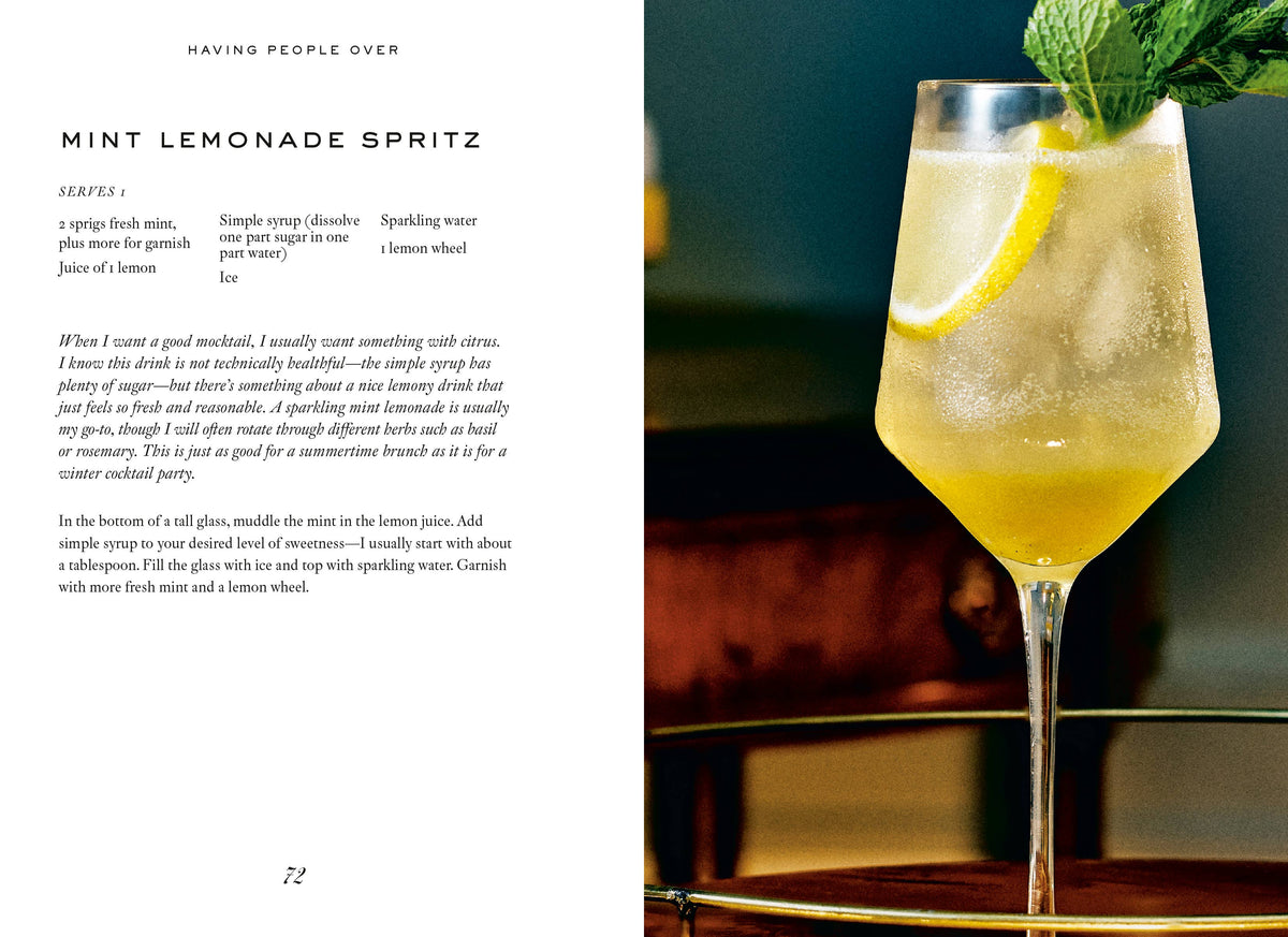 Mint lemonade spritz cocktail in a glass with text on a magazine page.