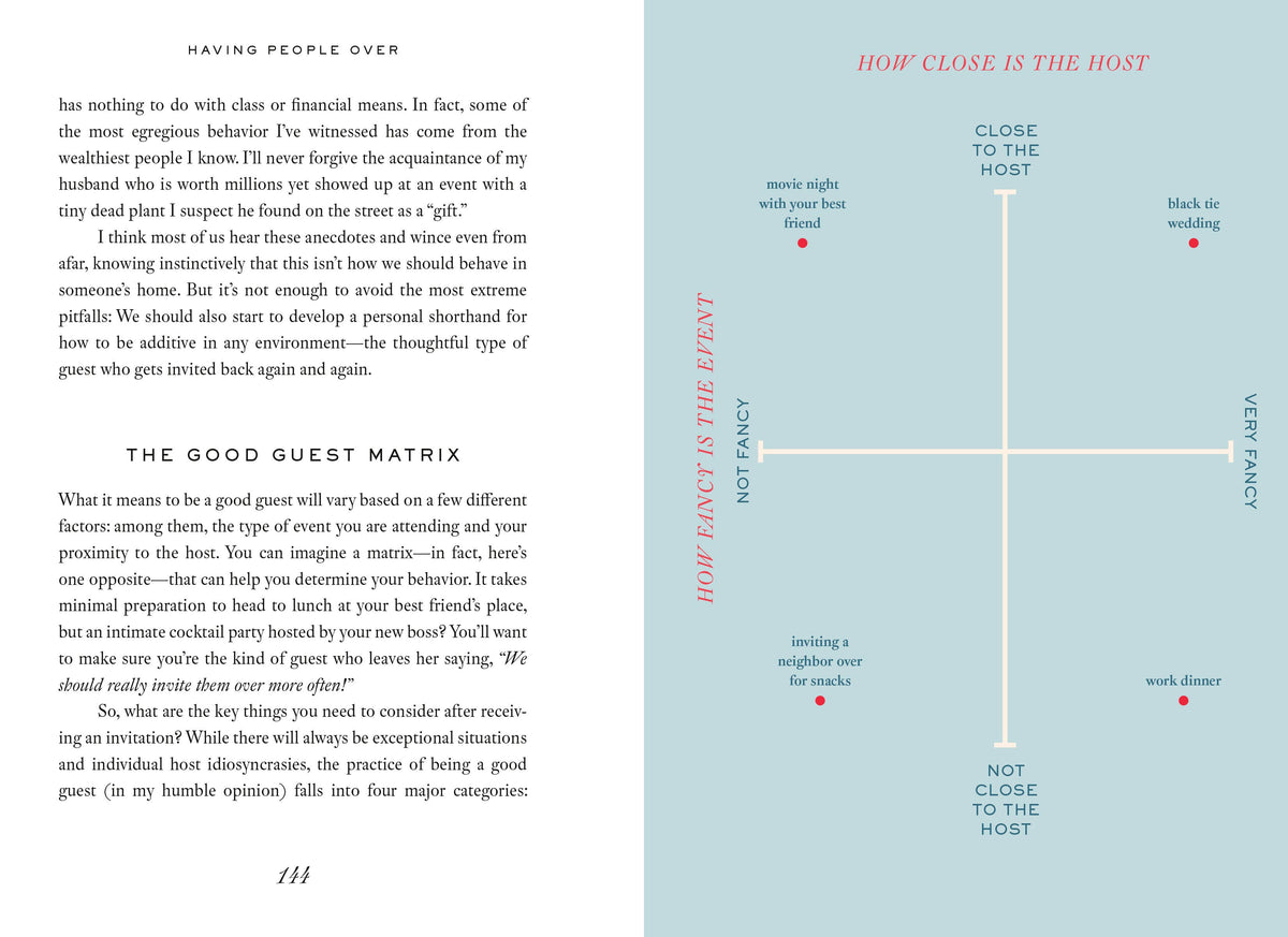 Page from a book with text and a diagram titled 'The Good Guest Matrix' on a light blue background.