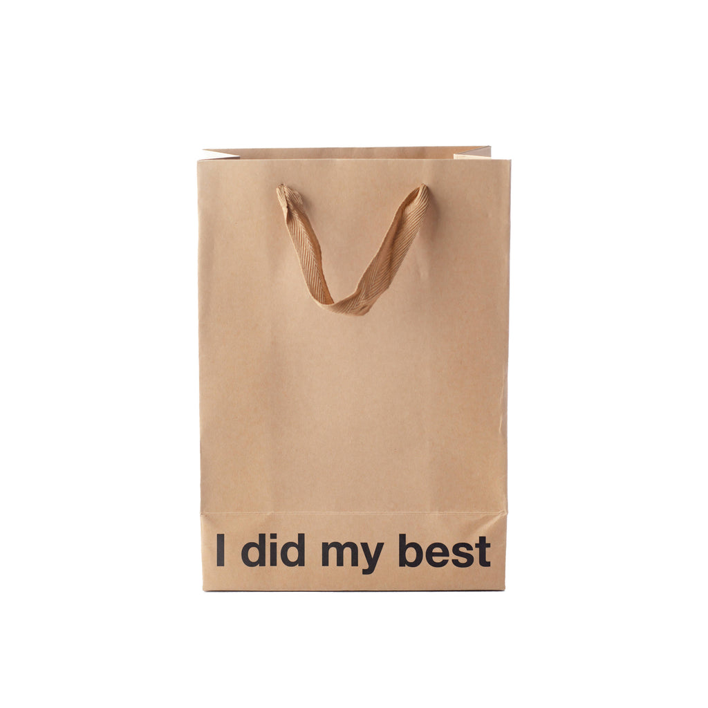 Brown paper bag with 'I did my best' text on a white background