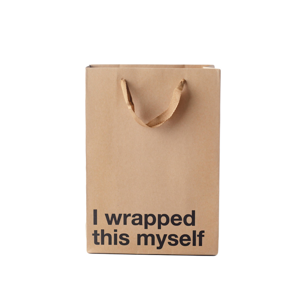 Brown paper bag with 'I wrapped this myself' text on a white background