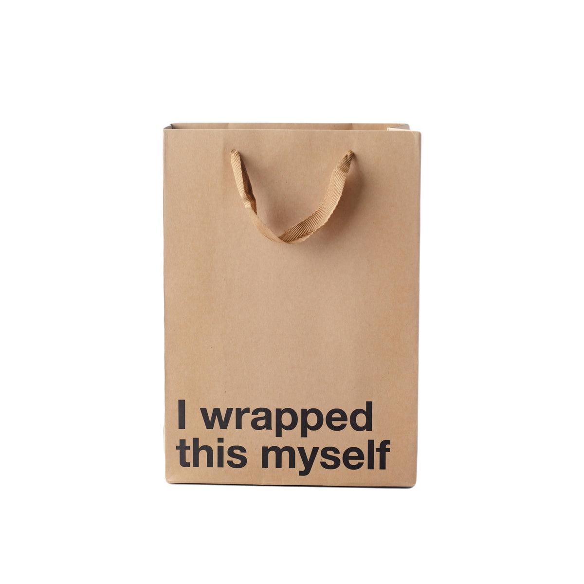 Brown paper bag with 'I wrapped this myself' text on a white background