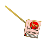 A novelty pin shaped like a cooking book with a gold handle, featuring a pink cover with a red circular logo that reads 'joy of cooking' in black and gold lettering.