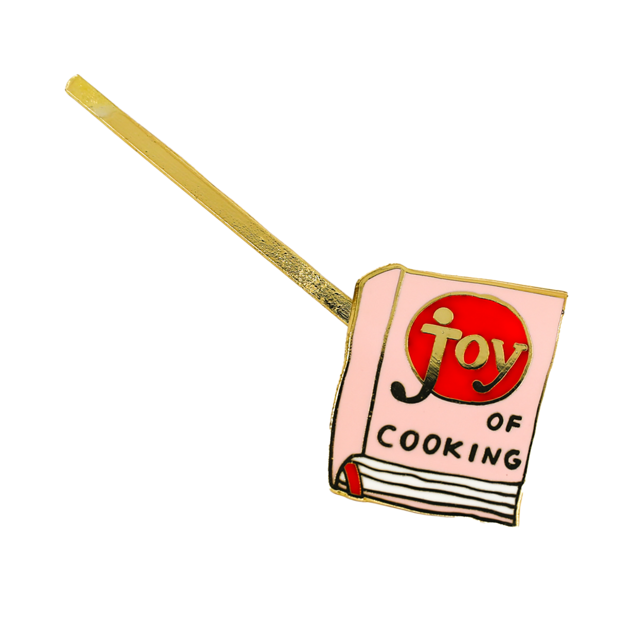 A novelty pin shaped like a cooking book with a gold handle, featuring a pink cover with a red circular logo that reads 'joy of cooking' in black and gold lettering.