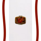 A small rectangular gold-toned case or box with a brown textured cover, decorated with an embroidered or painted red berry motif and dark green leaves, centered on a white background with decorative red side bars.