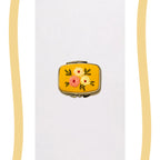 A small vintage-style compact case with a yellow floral enamel face, featuring embroidered flowers in pink, yellow, and white with green leaves, set against a white background with decorative gold wavy borders on the sides.