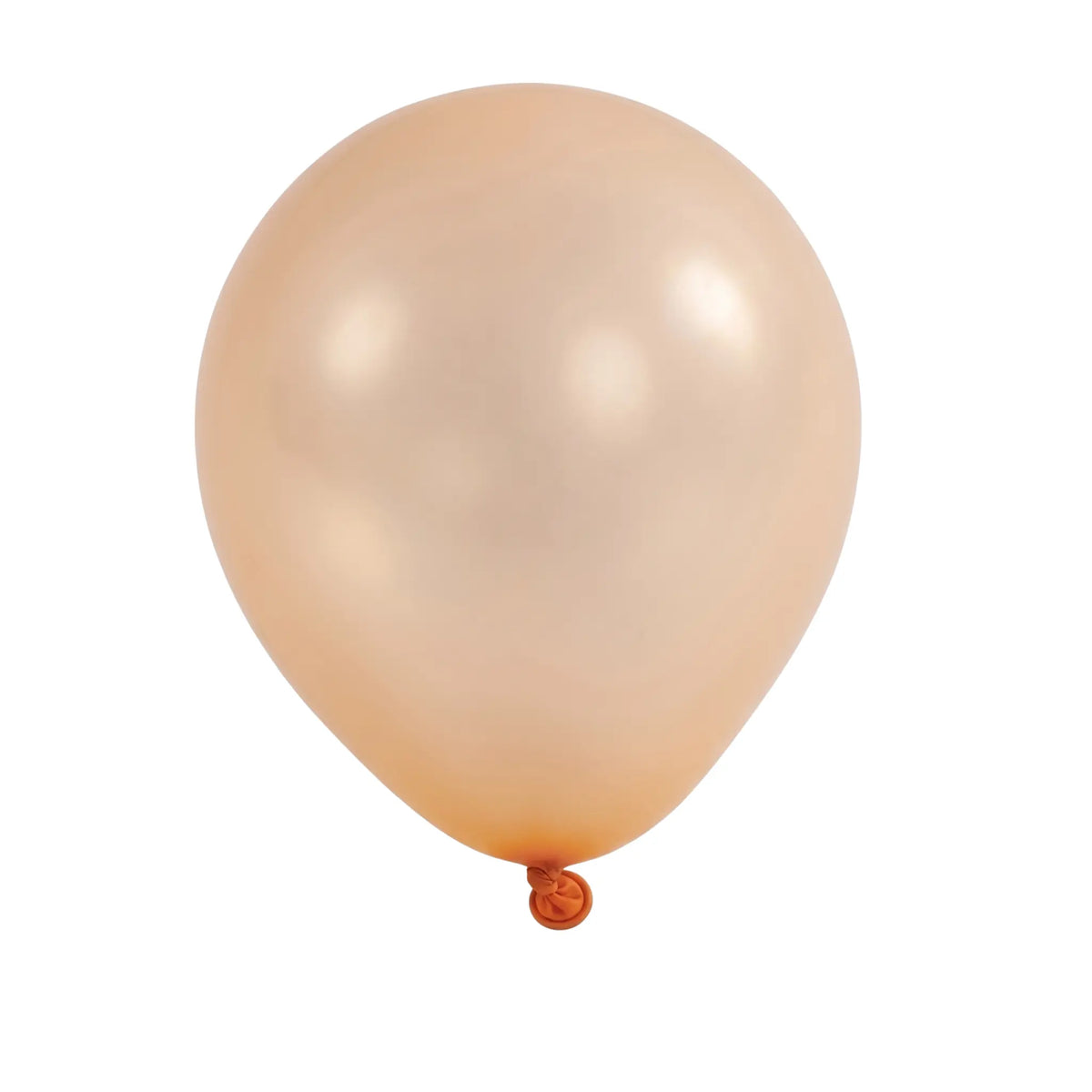 A single pearlescent peach-colored balloon with a small orange tied end, isolated on a solid white background.