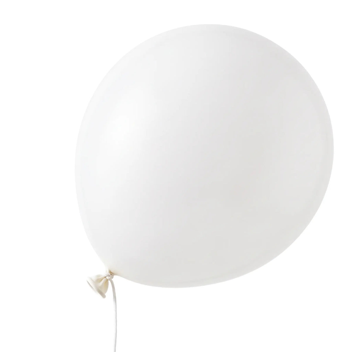 A single matte white latex balloon tied with a thin white string, shown against a plain white background.